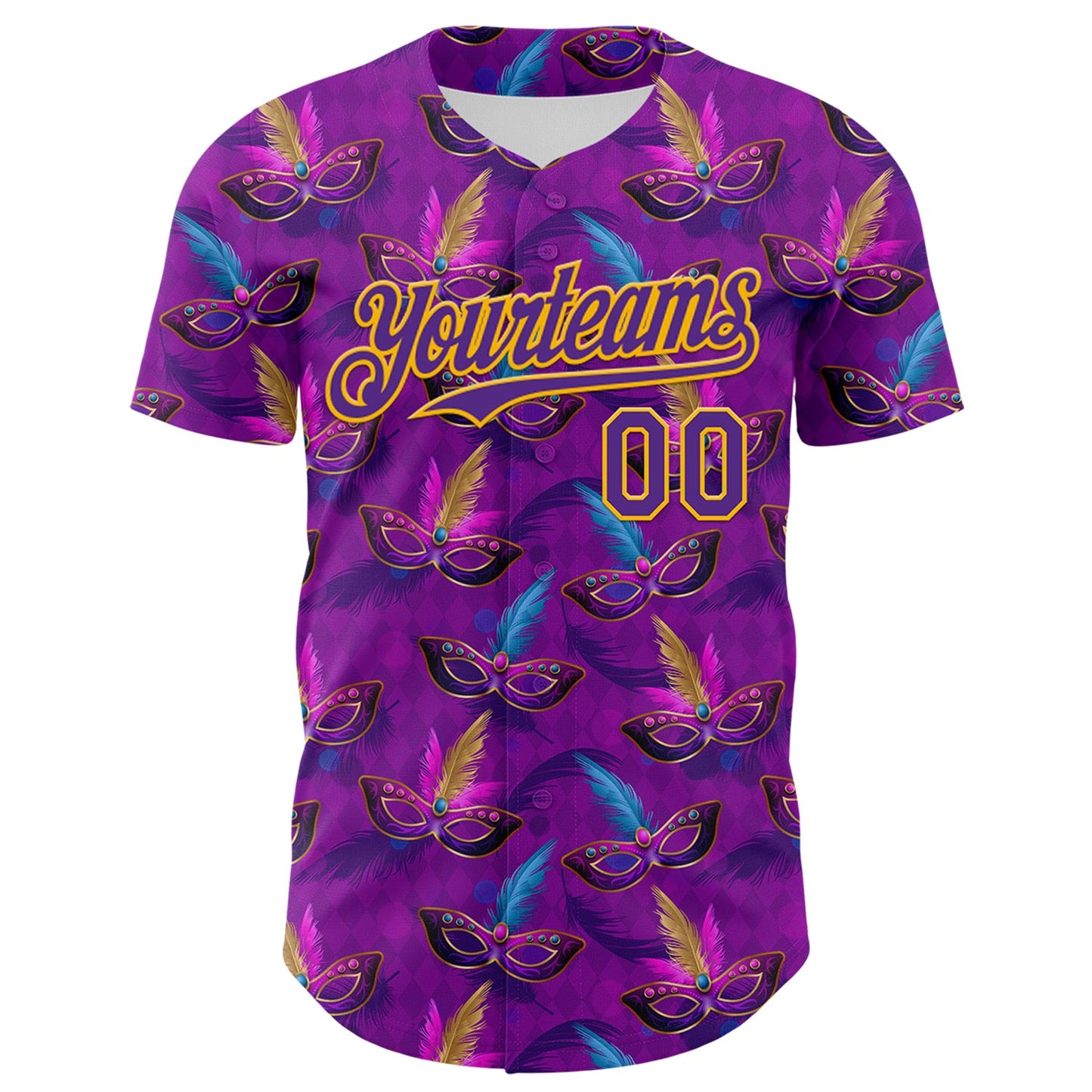 Custom Purple Gold 3D Pattern Design Mardi Gras Shrove Tuesday Authentic Baseball Jersey view 2