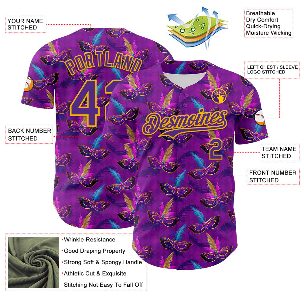 Custom Purple Gold 3D Pattern Design Mardi Gras Shrove Tuesday Authentic Baseball Jersey view 3