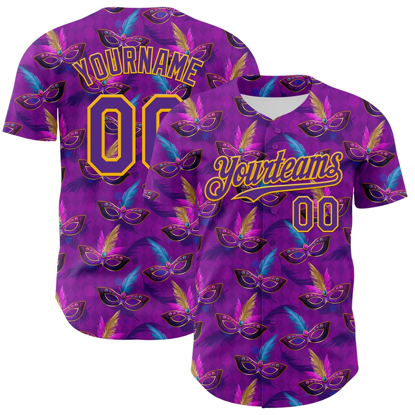 Custom Purple Gold 3D Pattern Design Mardi Gras Shrove Tuesday Authentic Baseball Jersey - Main View