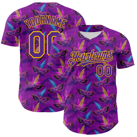 Custom Purple Gold 3D Pattern Design Mardi Gras Shrove Tuesday Authentic Baseball Jersey - Main View
