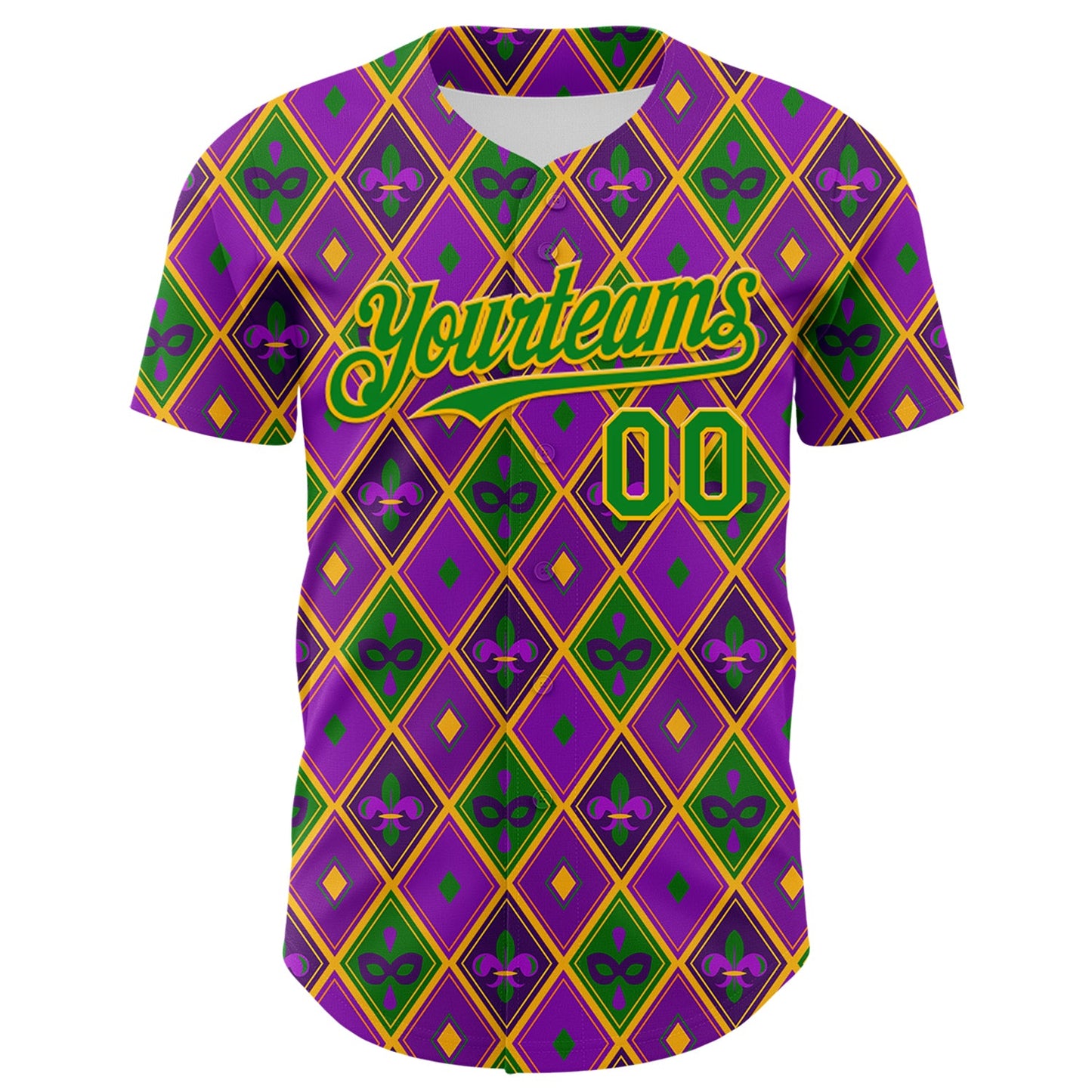 Custom Purple Grass Green-Gold 3D Pattern Design Mardi Gras Shrove Tuesday Authentic Baseball Jersey view 2