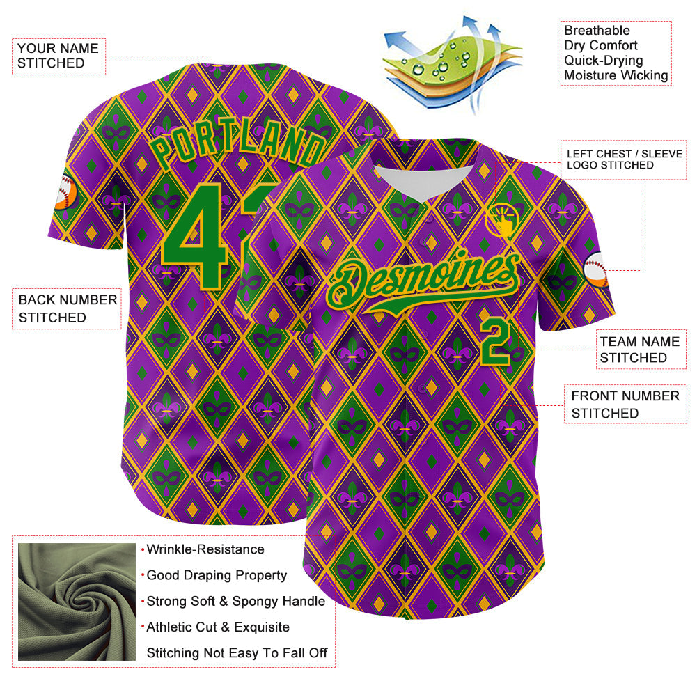 Custom Purple Grass Green-Gold 3D Pattern Design Mardi Gras Shrove Tuesday Authentic Baseball Jersey view 3