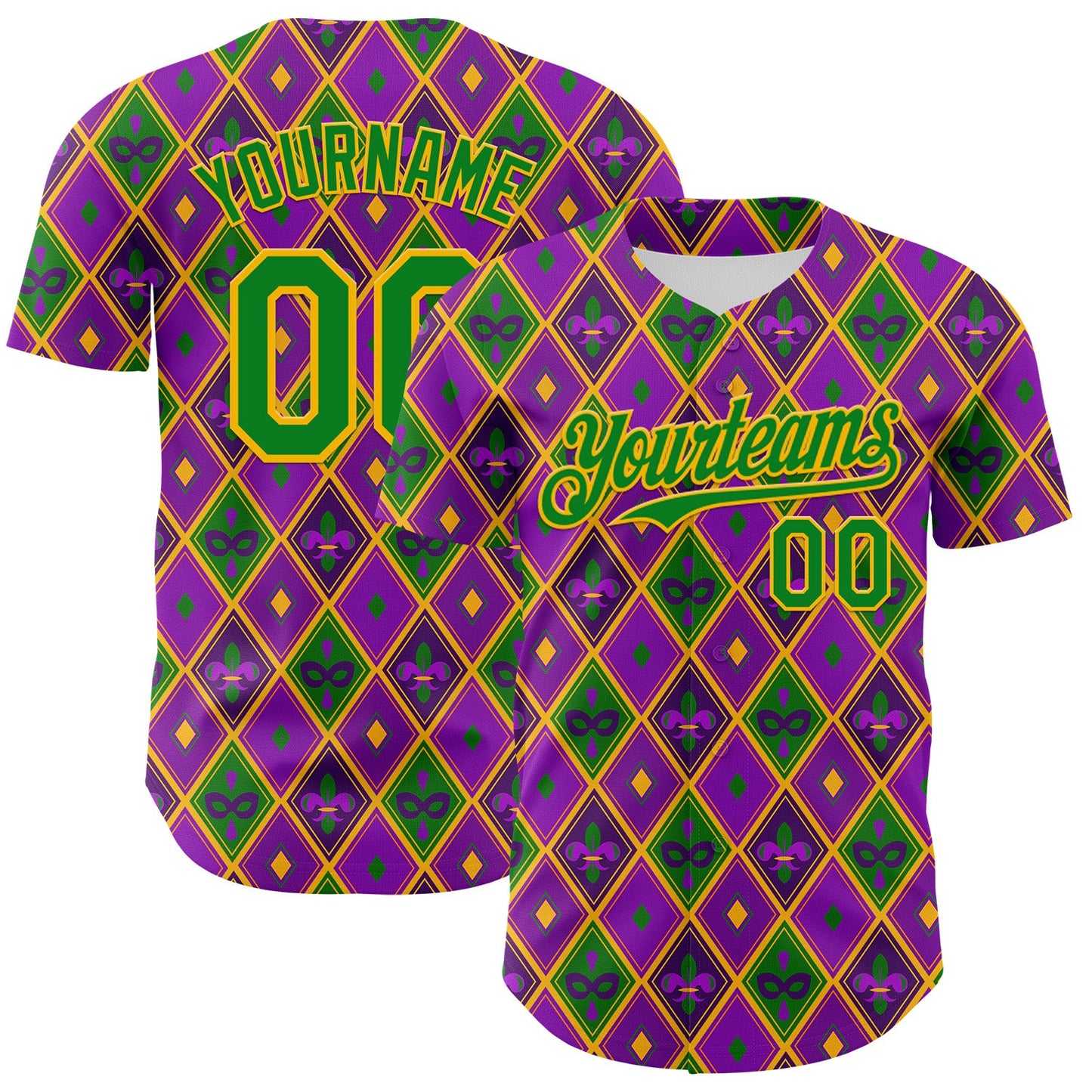 Custom Purple Grass Green-Gold 3D Pattern Design Mardi Gras Shrove Tuesday Authentic Baseball Jersey - Main View