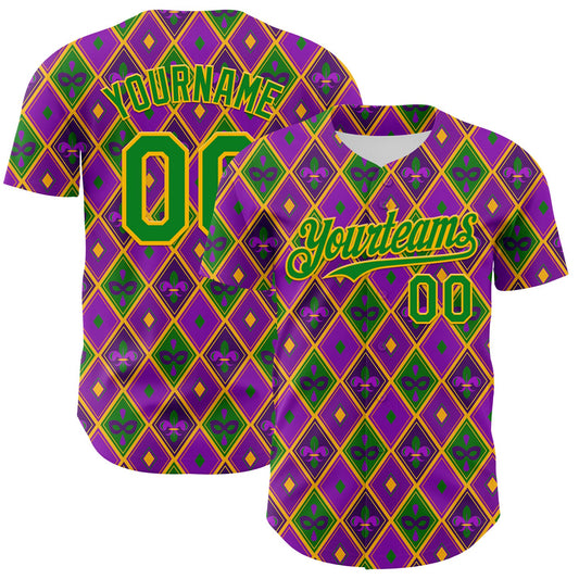 Custom Purple Grass Green-Gold 3D Pattern Design Mardi Gras Shrove Tuesday Authentic Baseball Jersey - Main View