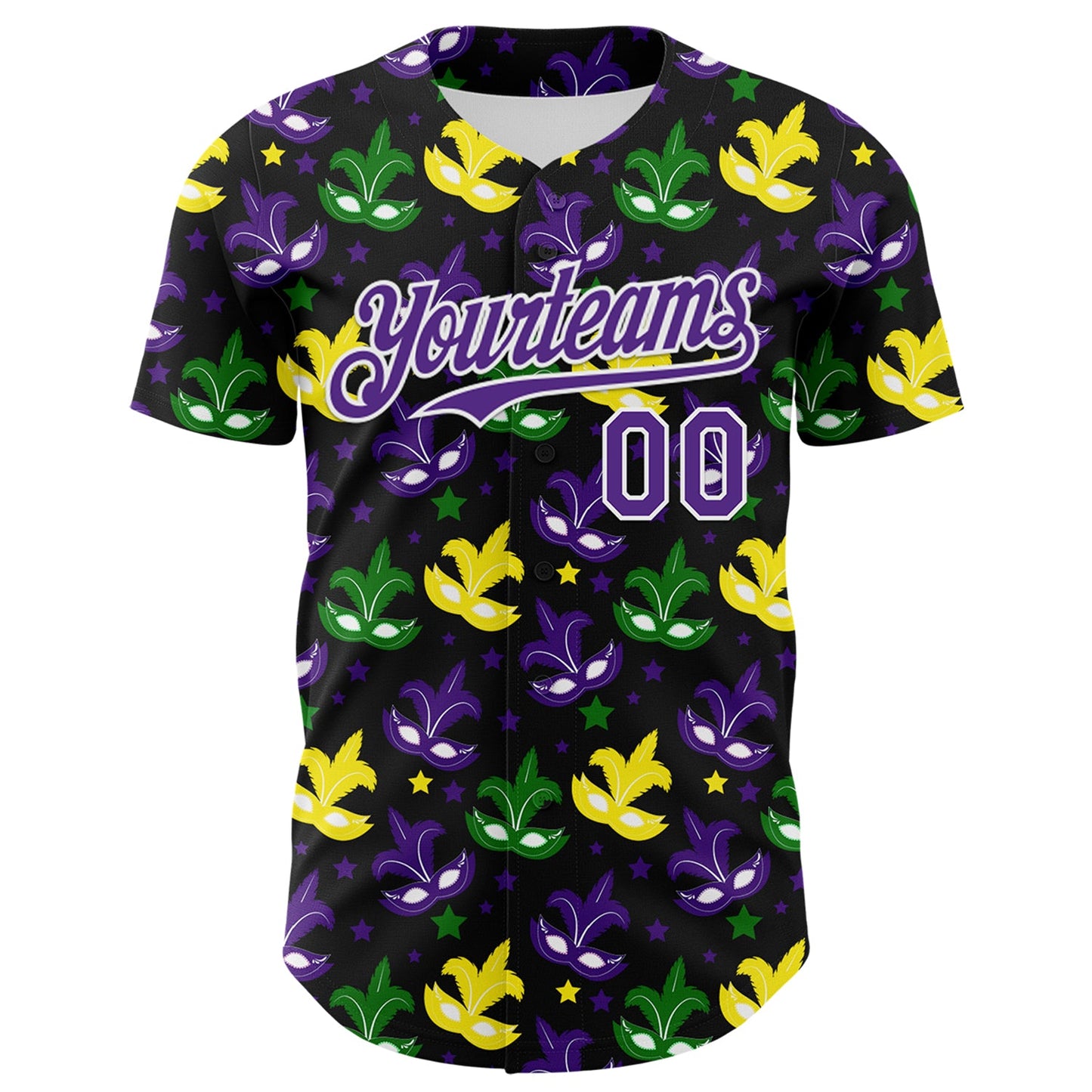 Custom Black Purple-White 3D Pattern Design Mardi Gras Shrove Tuesday Authentic Baseball Jersey view 2