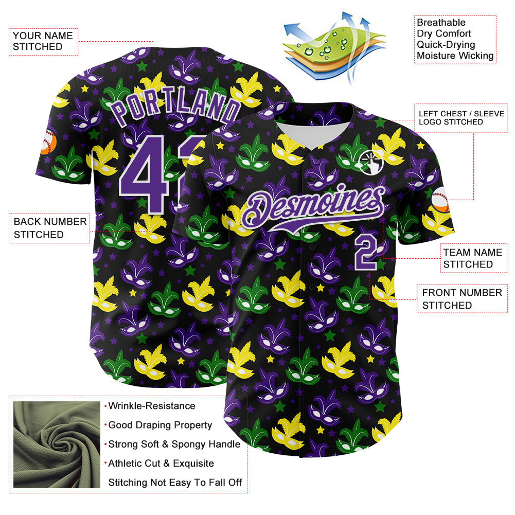 Custom Black Purple-White 3D Pattern Design Mardi Gras Shrove Tuesday Authentic Baseball Jersey view 3