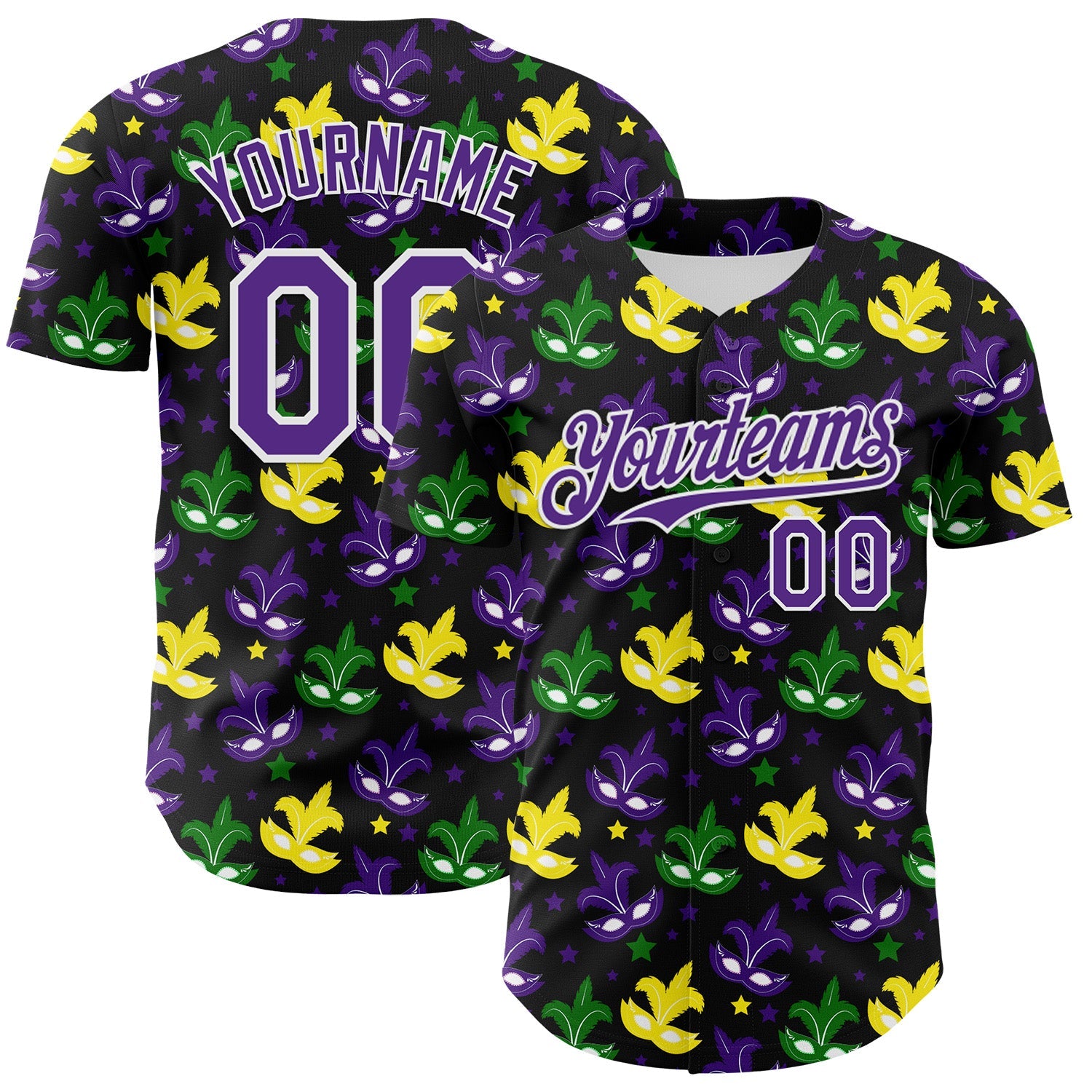 Custom Black Purple-White 3D Pattern Design Mardi Gras Shrove Tuesday Authentic Baseball Jersey - Main View