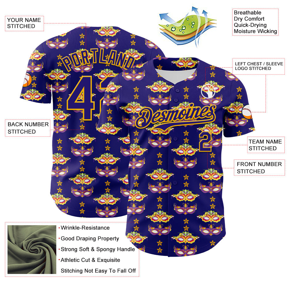 Custom Dark Purple Gold 3D Pattern Design Mardi Gras Shrove Tuesday Authentic Baseball Jersey view 3