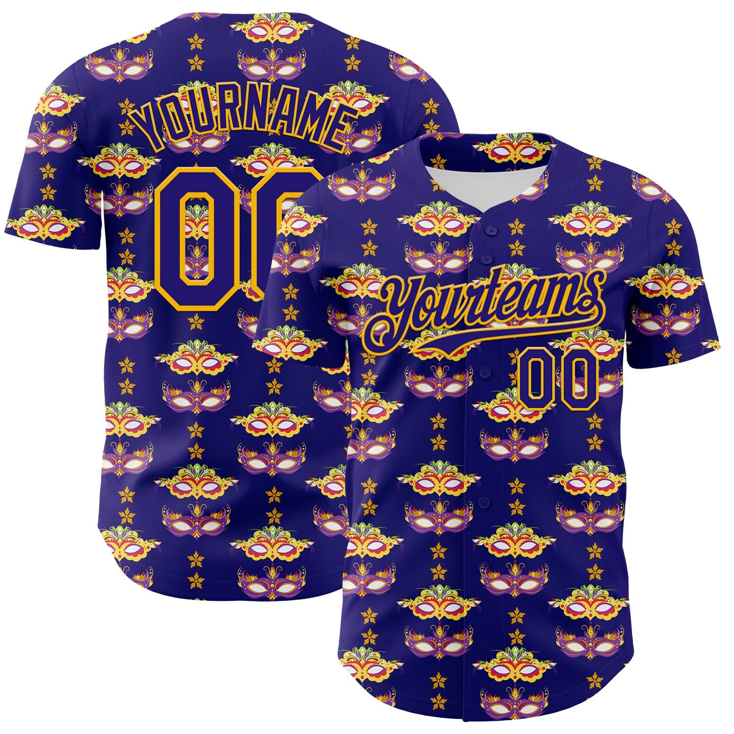 Custom Dark Purple Gold 3D Pattern Design Mardi Gras Shrove Tuesday Authentic Baseball Jersey - Main View