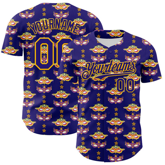 Custom Dark Purple Gold 3D Pattern Design Mardi Gras Shrove Tuesday Authentic Baseball Jersey - Main View