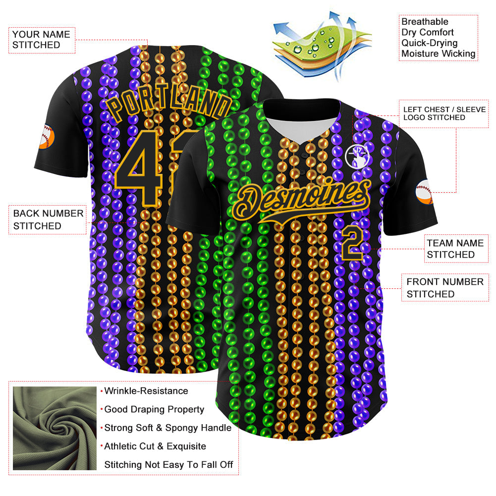 Custom Black Gold 3D Pattern Design Mardi Gras Shrove Tuesday Authentic Baseball Jersey view 3