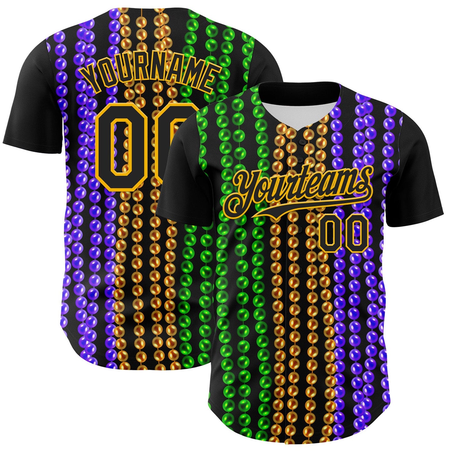 Custom Black Gold 3D Pattern Design Mardi Gras Shrove Tuesday Authentic Baseball Jersey - Main View