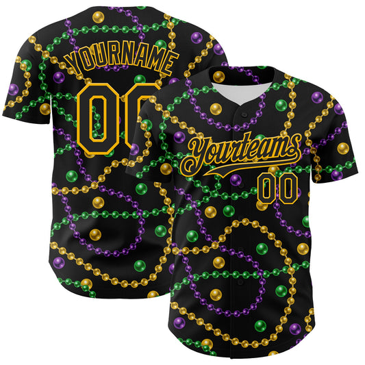 Custom Black Gold 3D Pattern Design Mardi Gras Shrove Tuesday Authentic Baseball Jersey - Main View