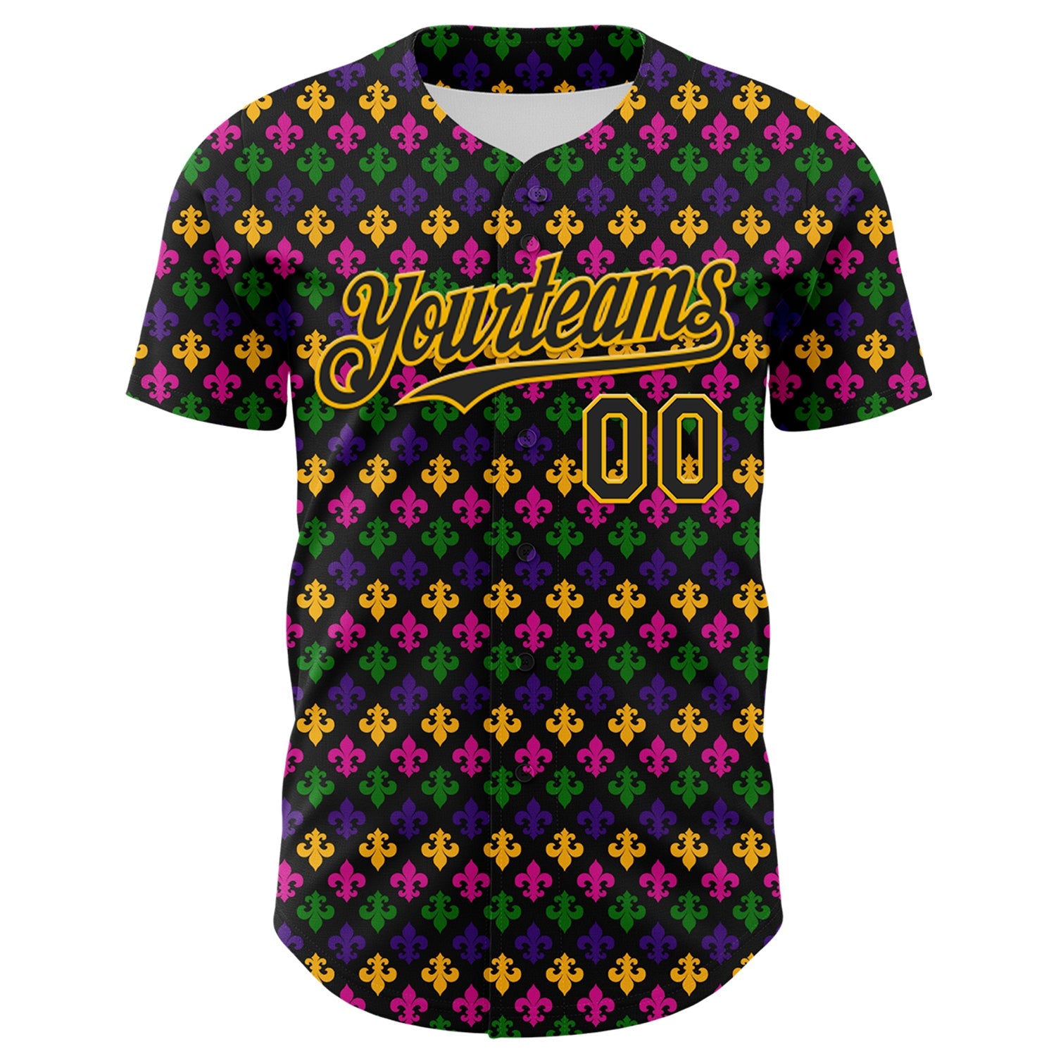 Custom Black Gold 3D Pattern Design Mardi Gras Shrove Tuesday Authentic Baseball Jersey view 2