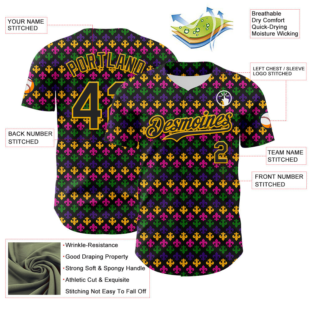 Custom Black Gold 3D Pattern Design Mardi Gras Shrove Tuesday Authentic Baseball Jersey view 3