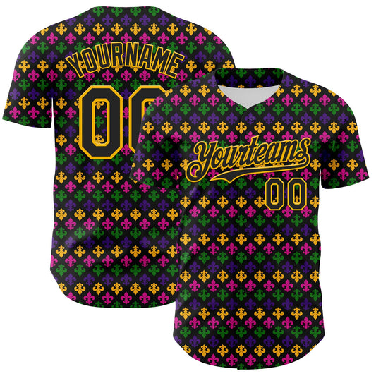 Custom Black Gold 3D Pattern Design Mardi Gras Shrove Tuesday Authentic Baseball Jersey - Main View