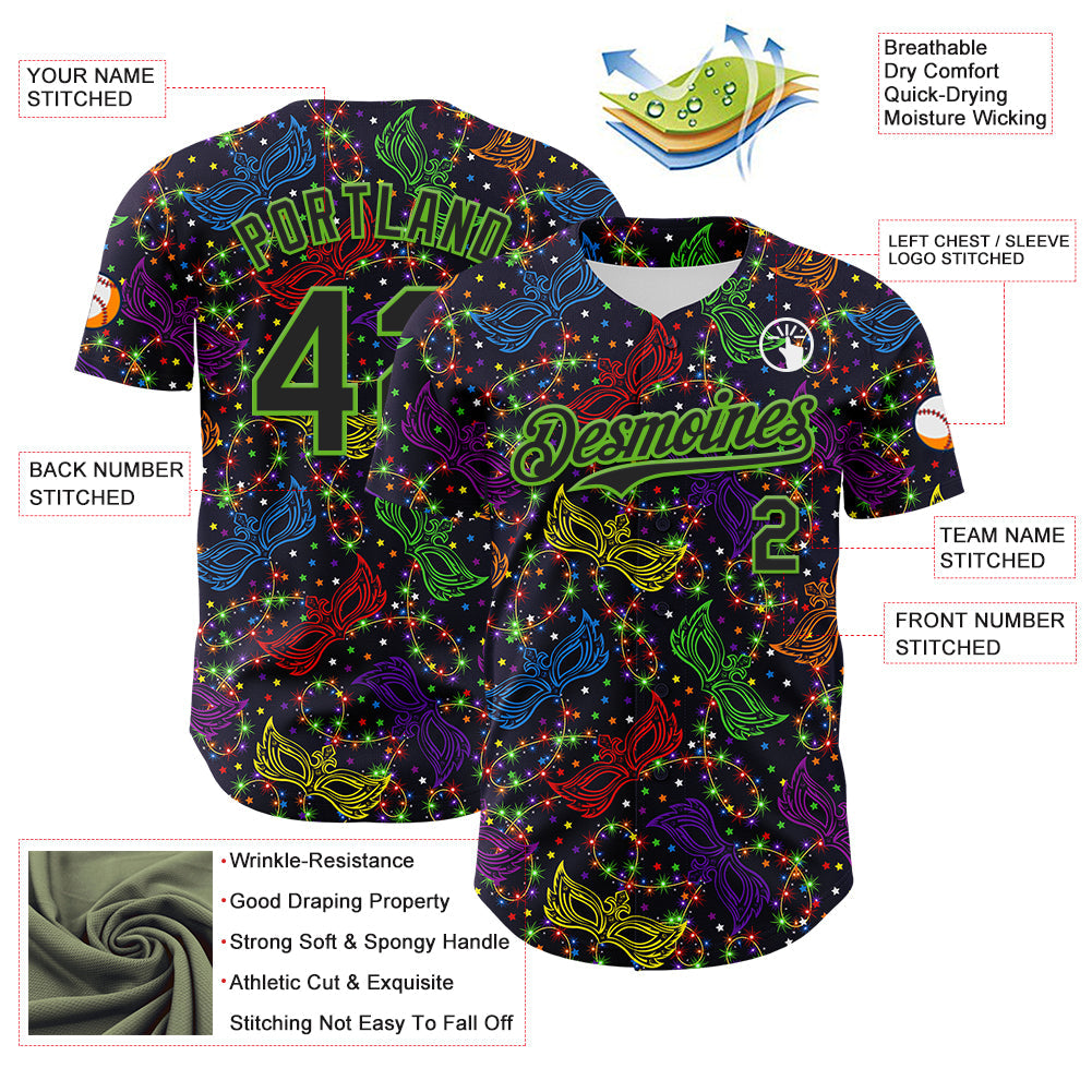 Custom Purple Black-Aurora Green 3D Pattern Design Mardi Gras Shrove Tuesday Authentic Baseball Jersey view 3