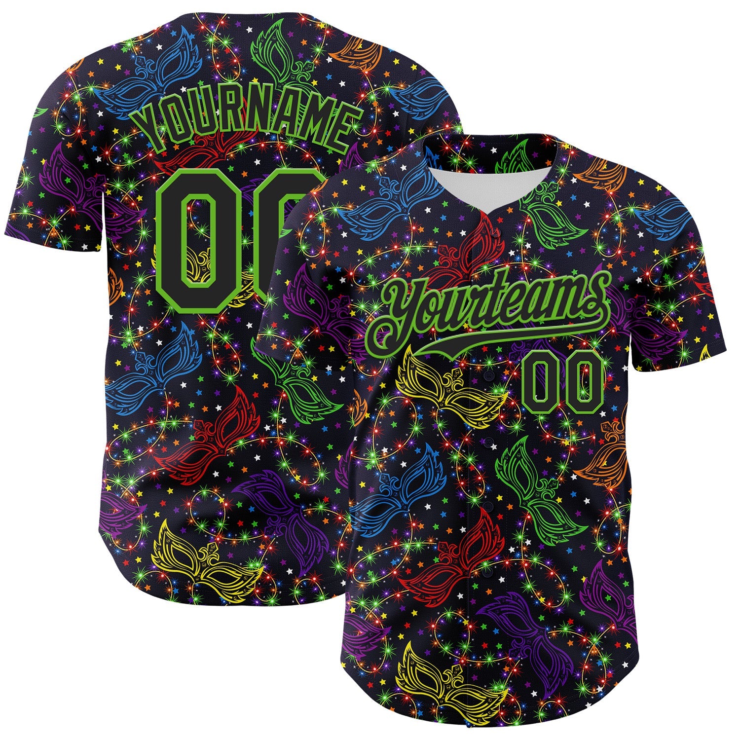 Custom Purple Black-Aurora Green 3D Pattern Design Mardi Gras Shrove Tuesday Authentic Baseball Jersey - Main View