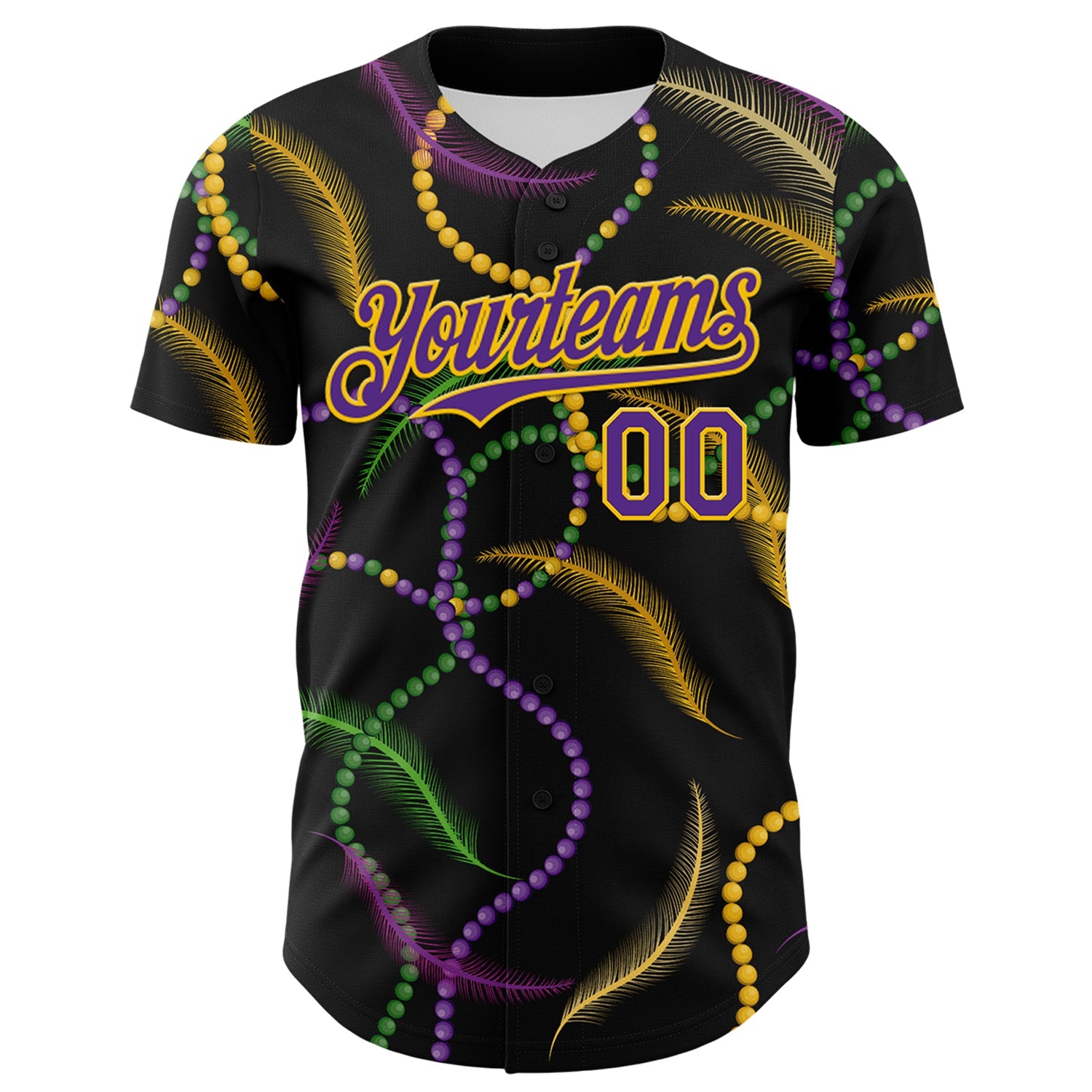 Custom Black Purple-Gold 3D Pattern Design Mardi Gras Shrove Tuesday Authentic Baseball Jersey view 2