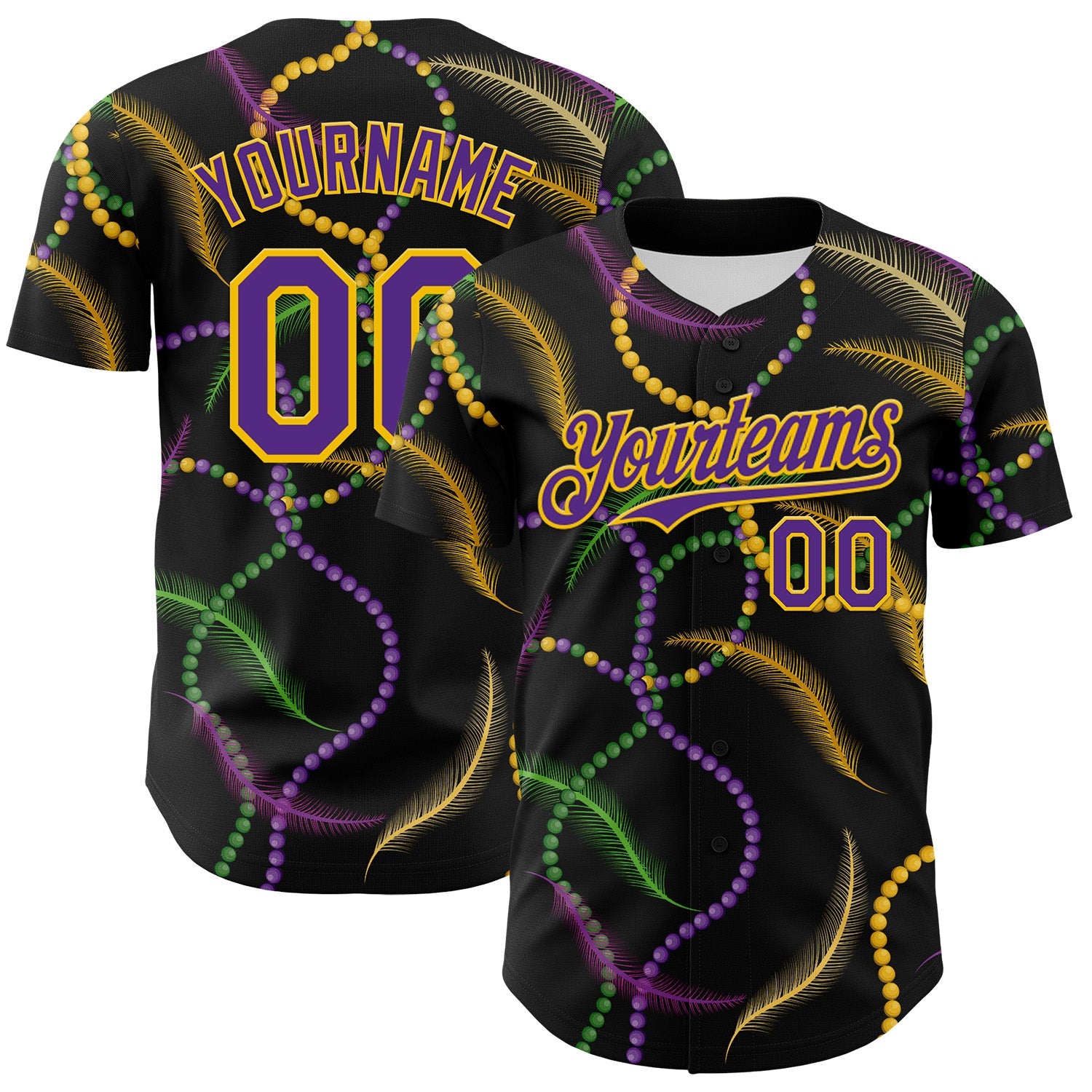 Custom Black Purple-Gold 3D Pattern Design Mardi Gras Shrove Tuesday Authentic Baseball Jersey - Main View