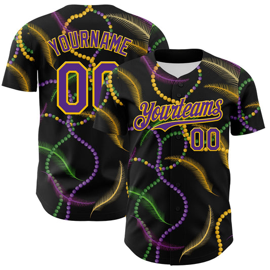 Custom Black Purple-Gold 3D Pattern Design Mardi Gras Shrove Tuesday Authentic Baseball Jersey - Main View