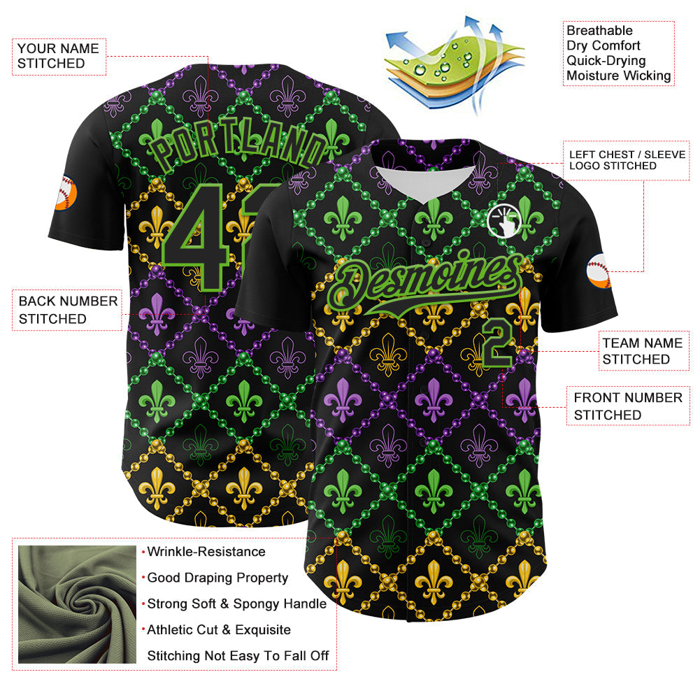 Custom Black Aurora Green 3D Pattern Design Mardi Gras Shrove Tuesday Authentic Baseball Jersey view 3