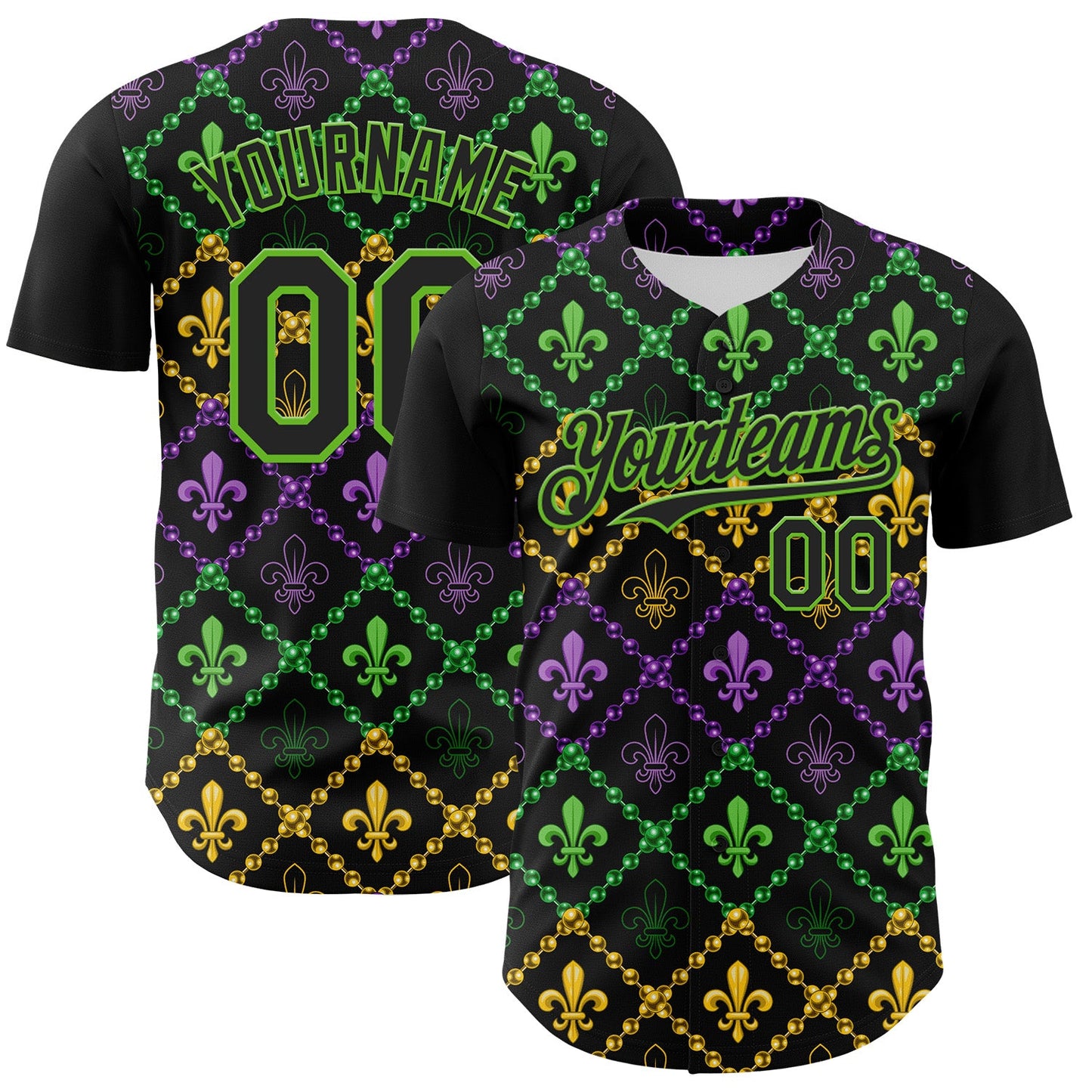Custom Black Aurora Green 3D Pattern Design Mardi Gras Shrove Tuesday Authentic Baseball Jersey - Main View