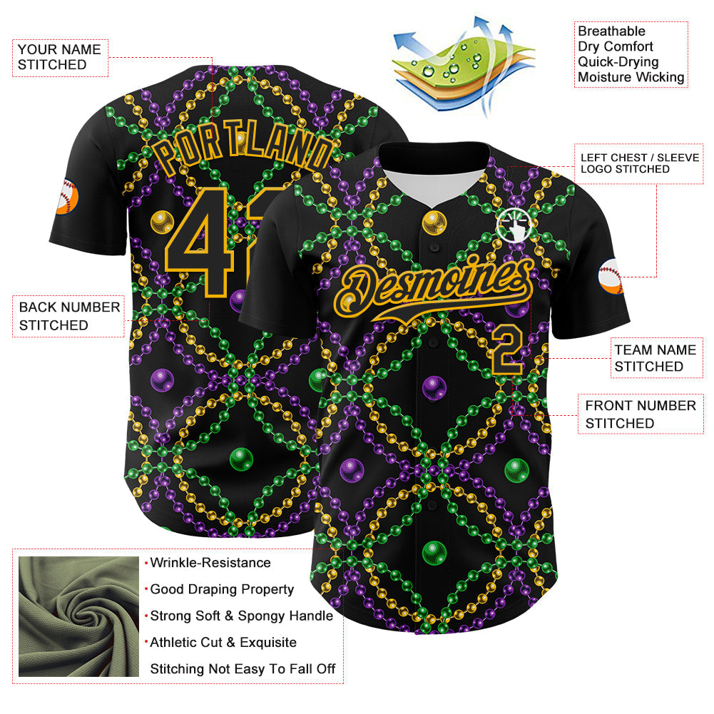 Custom Black Gold 3D Pattern Design Mardi Gras Shrove Tuesday Authentic Baseball Jersey view 3