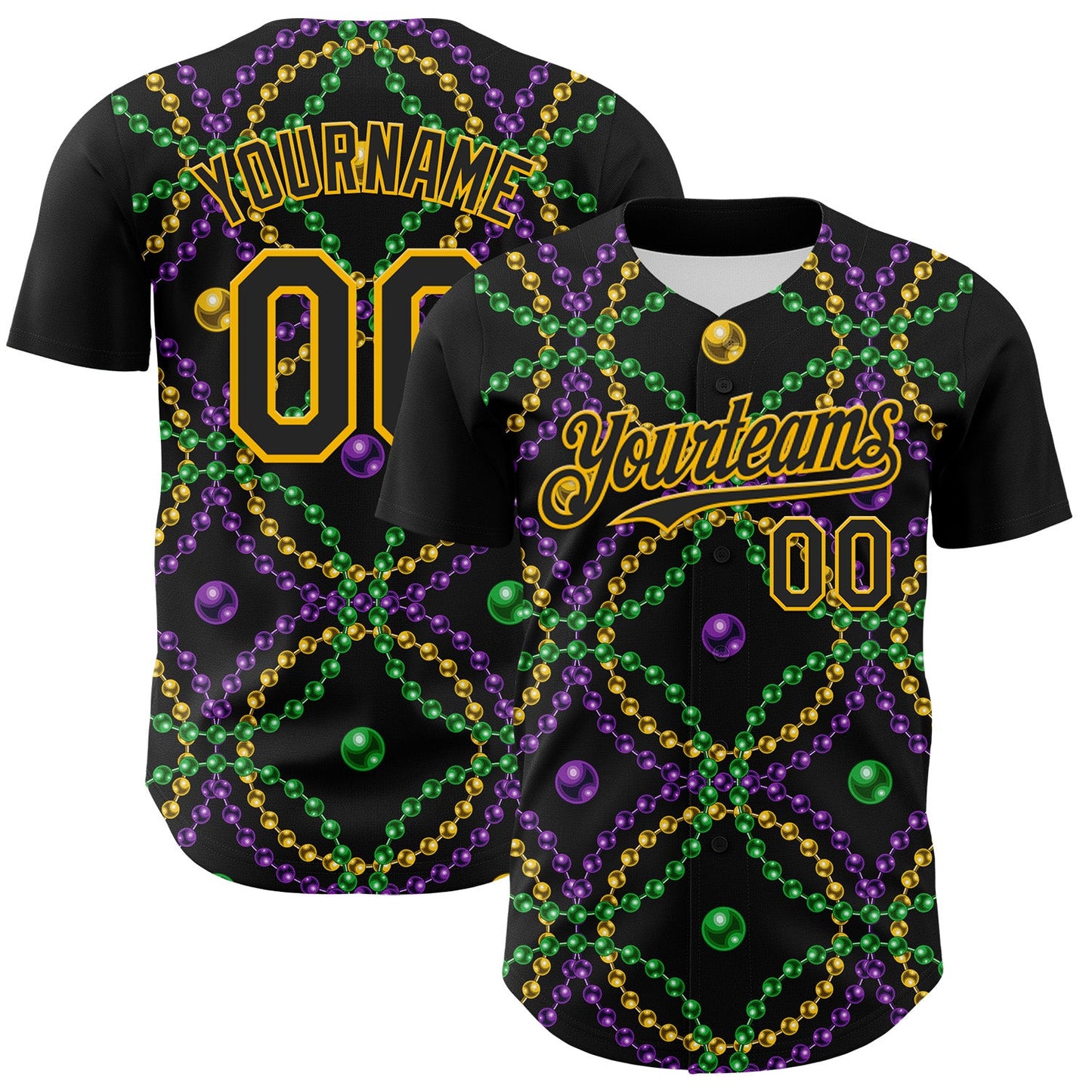 Custom Black Gold 3D Pattern Design Mardi Gras Shrove Tuesday Authentic Baseball Jersey - Main View