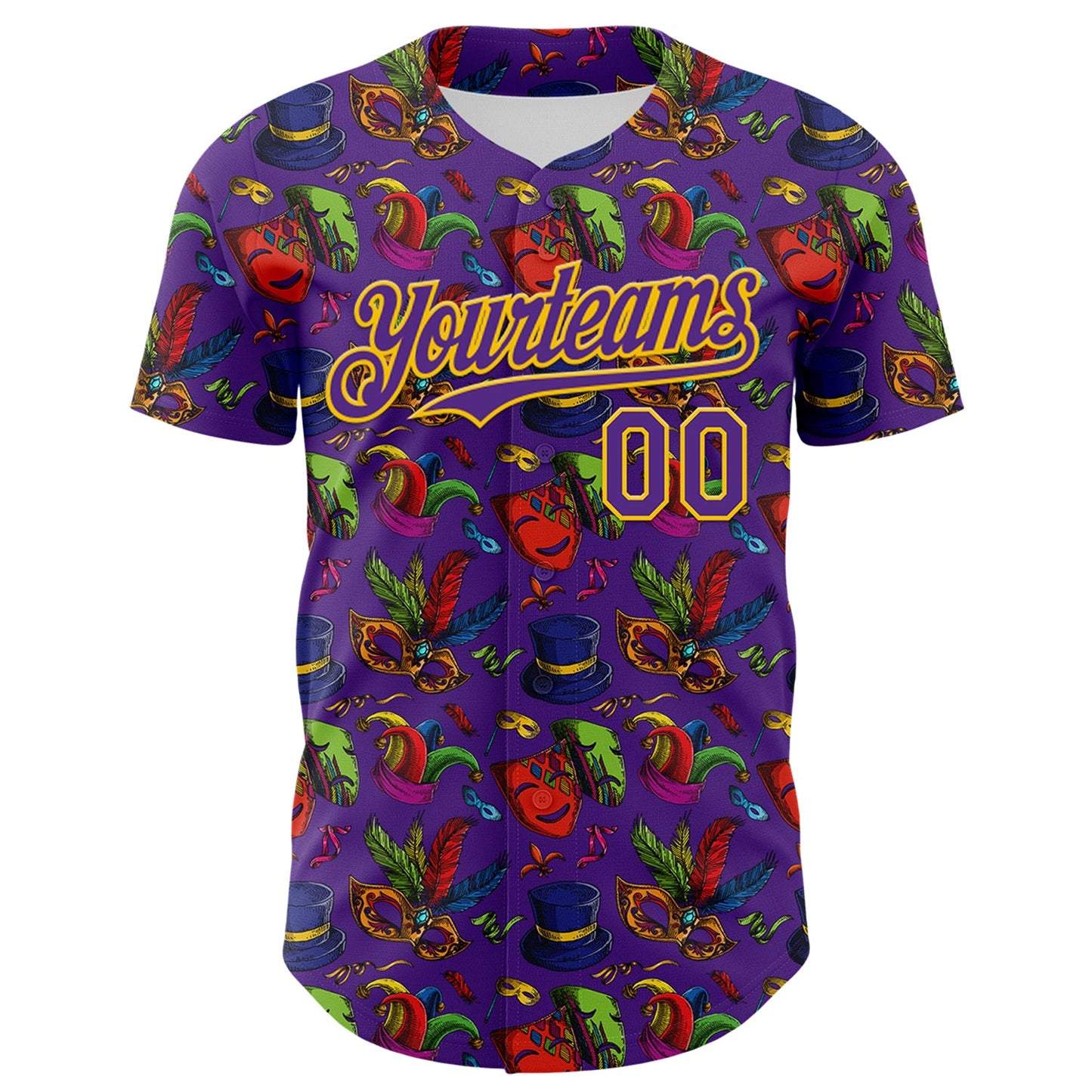 Custom Purple Gold 3D Pattern Design Mardi Gras Shrove Tuesday Authentic Baseball Jersey view 2