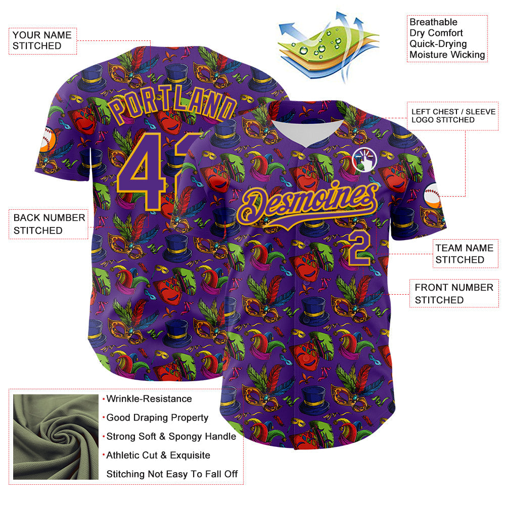 Custom Purple Gold 3D Pattern Design Mardi Gras Shrove Tuesday Authentic Baseball Jersey view 3