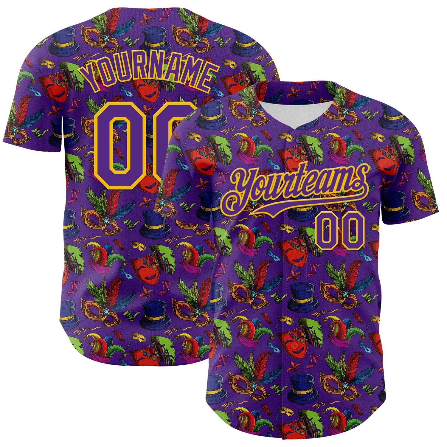 Custom Purple Gold 3D Pattern Design Mardi Gras Shrove Tuesday Authentic Baseball Jersey - Main View