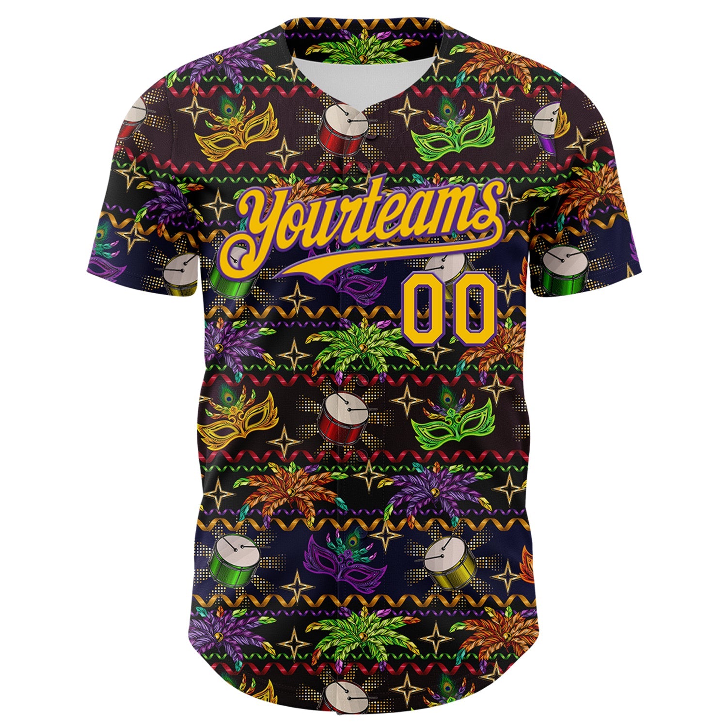 Custom Black Gold-Purple 3D Pattern Design Mardi Gras Shrove Tuesday Authentic Baseball Jersey view 2