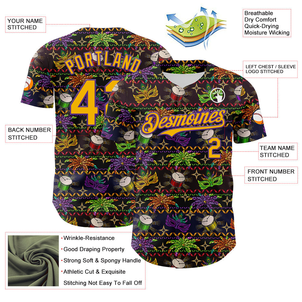 Custom Black Gold-Purple 3D Pattern Design Mardi Gras Shrove Tuesday Authentic Baseball Jersey view 3