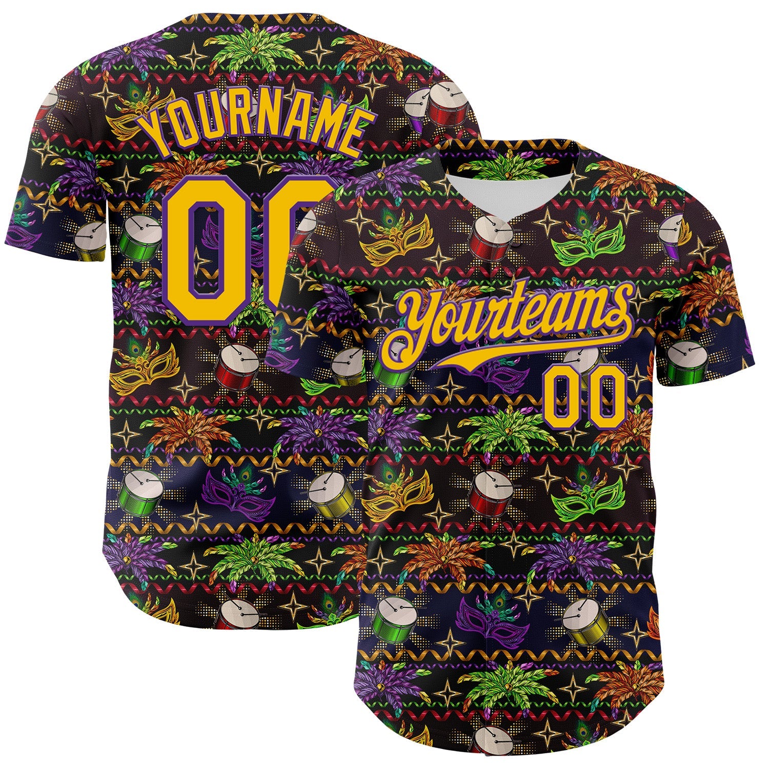 Custom Black Gold-Purple 3D Pattern Design Mardi Gras Shrove Tuesday Authentic Baseball Jersey - Main View