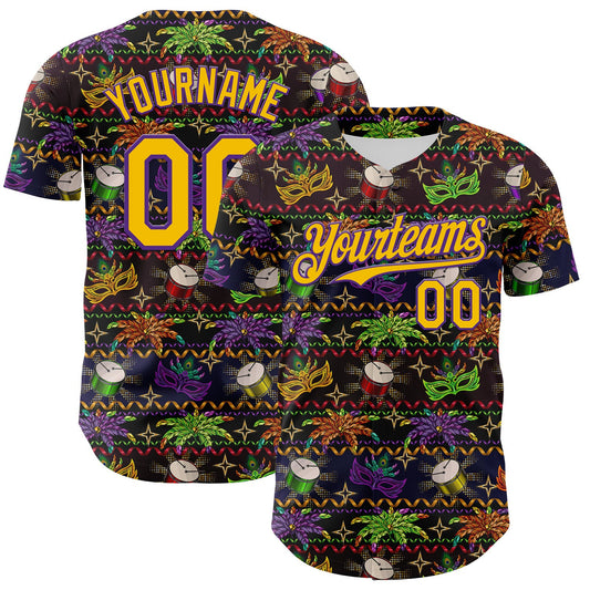Custom Black Gold-Purple 3D Pattern Design Mardi Gras Shrove Tuesday Authentic Baseball Jersey - Main View