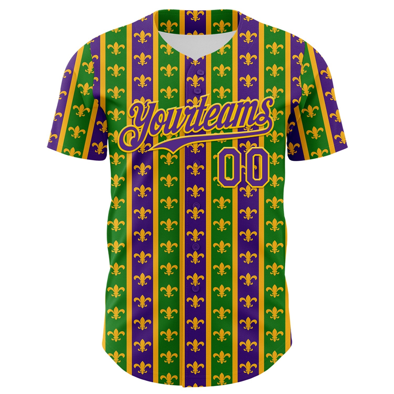Custom Green Purple-Gold 3D Pattern Design Mardi Gras Shrove Tuesday Authentic Baseball Jersey view 2