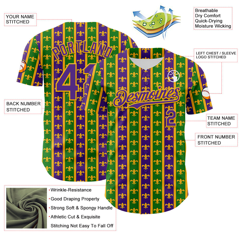Custom Green Purple-Gold 3D Pattern Design Mardi Gras Shrove Tuesday Authentic Baseball Jersey view 3