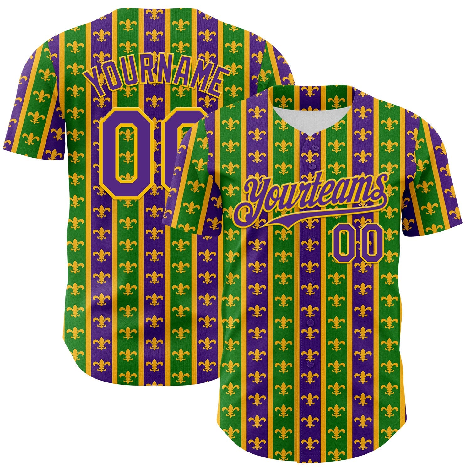 Custom Green Purple-Gold 3D Pattern Design Mardi Gras Shrove Tuesday Authentic Baseball Jersey - Main View