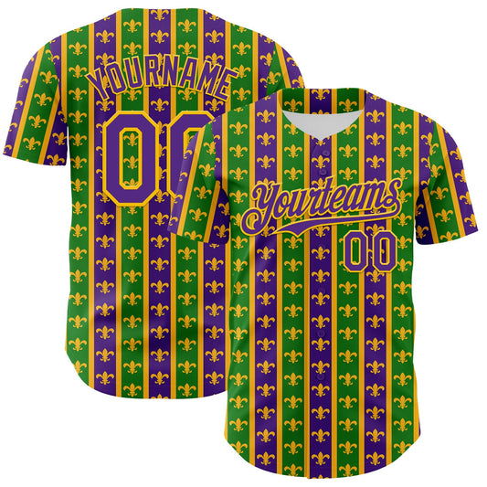 Custom Green Purple-Gold 3D Pattern Design Mardi Gras Shrove Tuesday Authentic Baseball Jersey - Main View