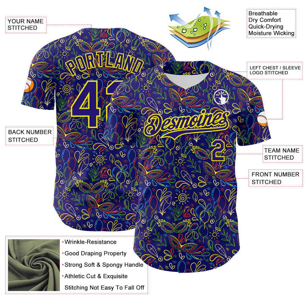 Custom Dark Purple Light Yellow 3D Pattern Design Mardi Gras Shrove Tuesday Authentic Baseball Jersey view 3