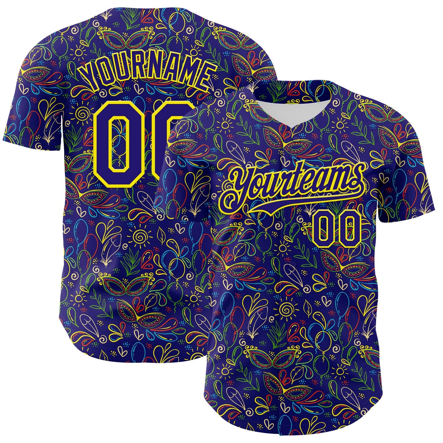 Custom Dark Purple Light Yellow 3D Pattern Design Mardi Gras Shrove Tuesday Authentic Baseball Jersey - Main View