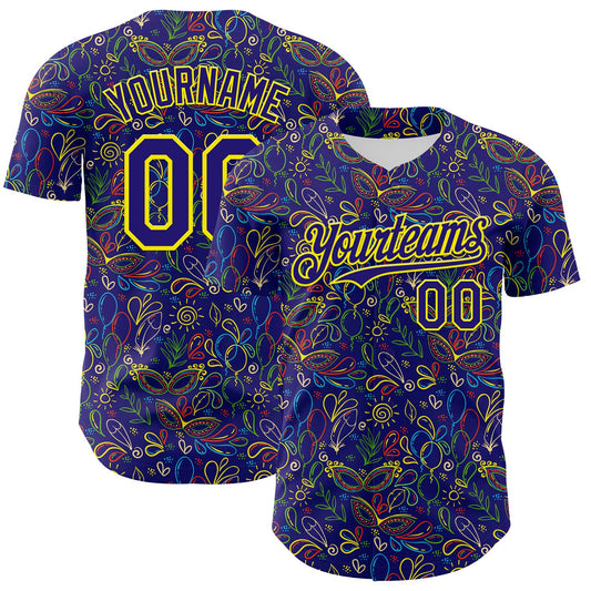 Custom Dark Purple Light Yellow 3D Pattern Design Mardi Gras Shrove Tuesday Authentic Baseball Jersey - Main View