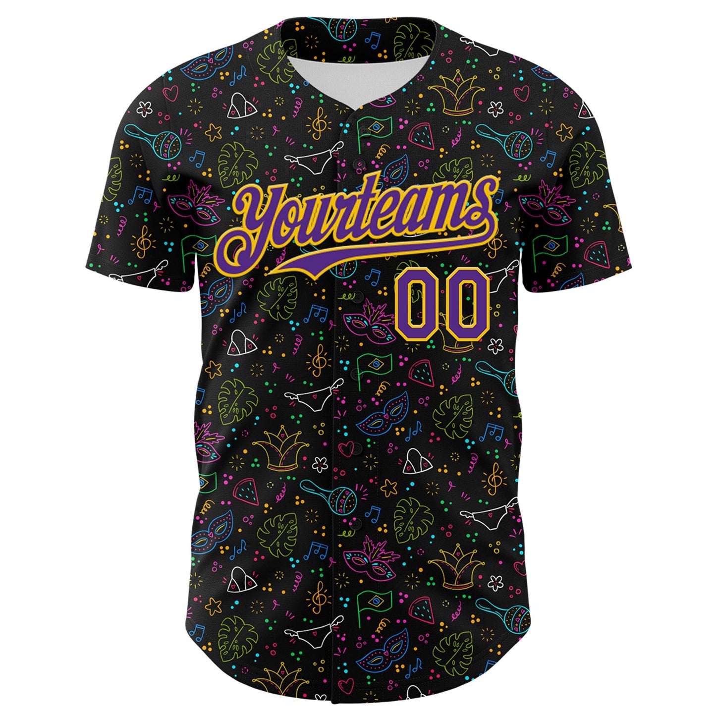 Custom Black Purple-Gold 3D Pattern Design Mardi Gras Shrove Tuesday Authentic Baseball Jersey view 2
