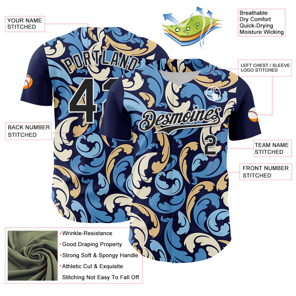 Custom Navy Black-White 3D Pattern Design Burner Costumes Floral Grunge Authentic Baseball Jersey view 3