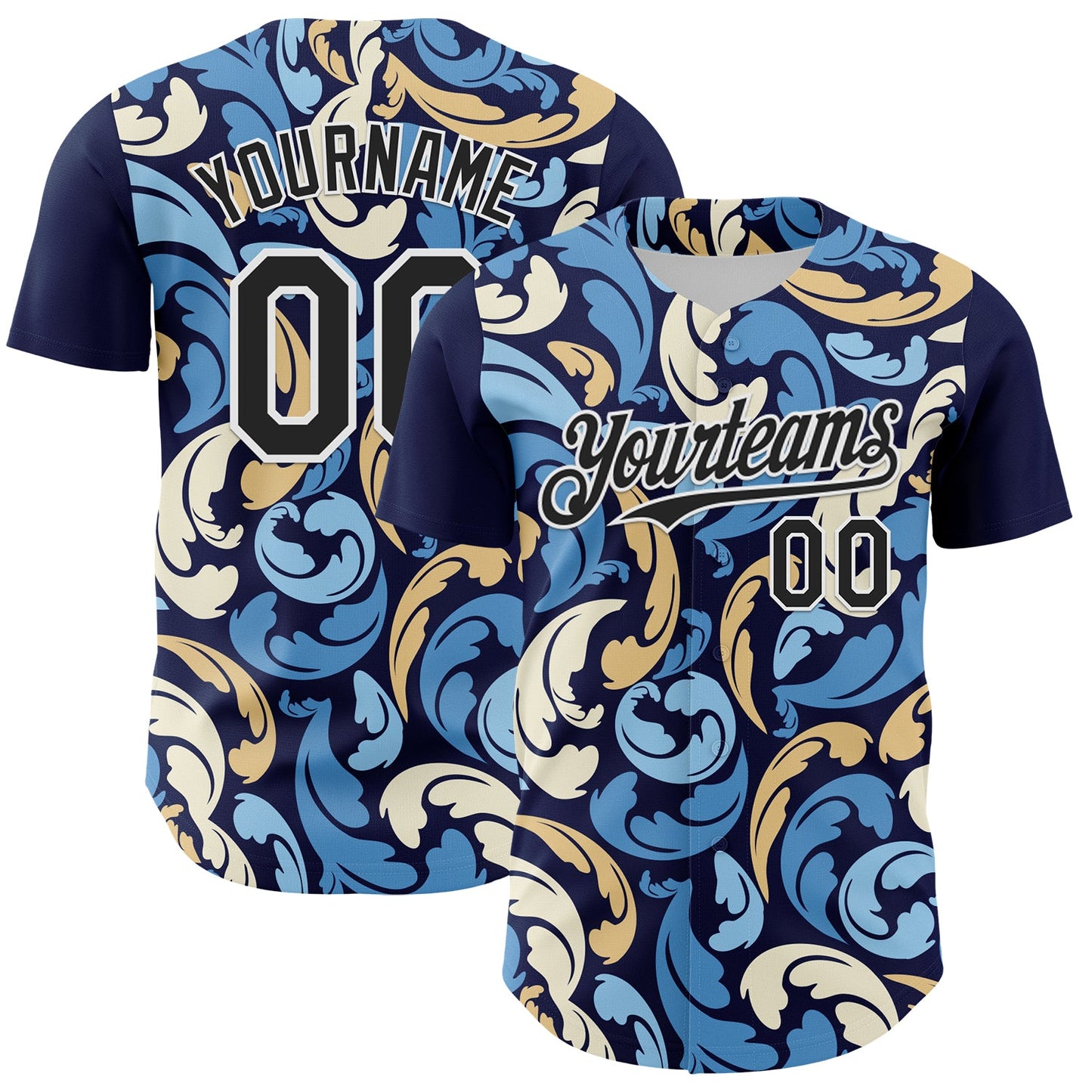 Custom Navy Black-White 3D Pattern Design Burner Costumes Floral Grunge Authentic Baseball Jersey - Main View