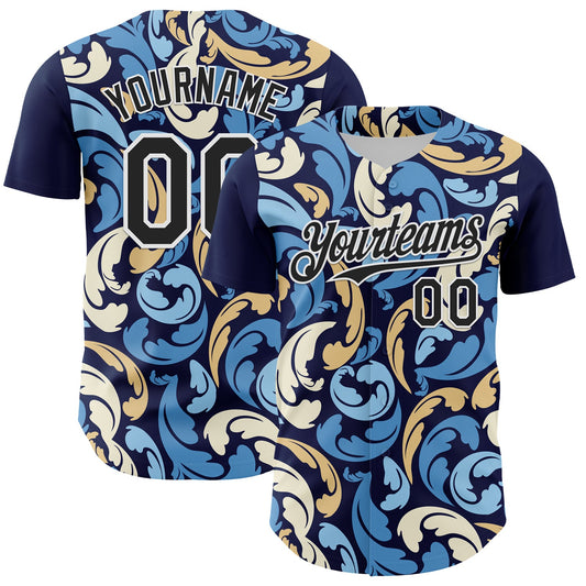 Custom Navy Black-White 3D Pattern Design Burner Costumes Floral Grunge Authentic Baseball Jersey - Main View
