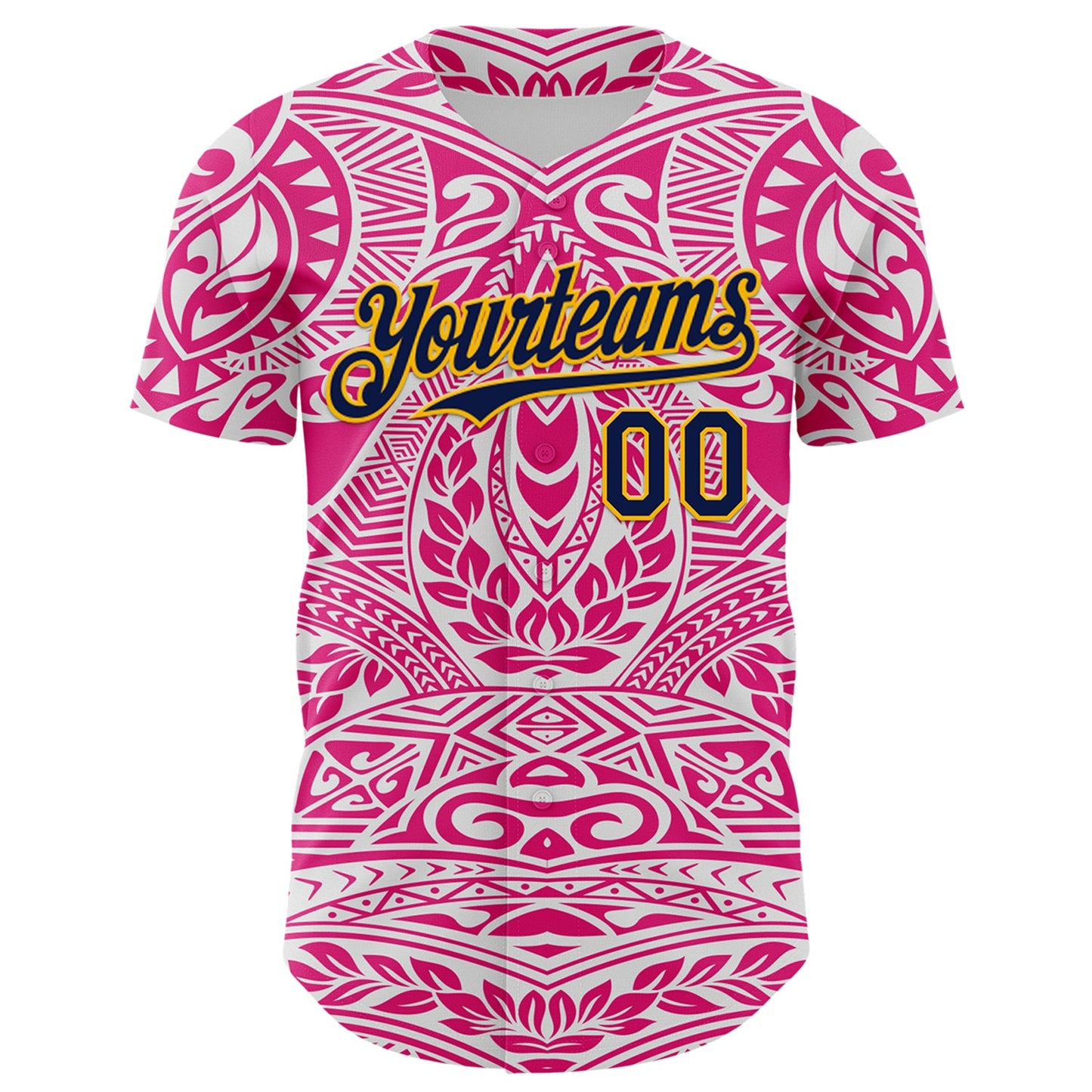 Custom Hot Pink Navy-Gold 3D Pattern Design Burner Costumes Ethnic Floral Authentic Baseball Jersey view 2