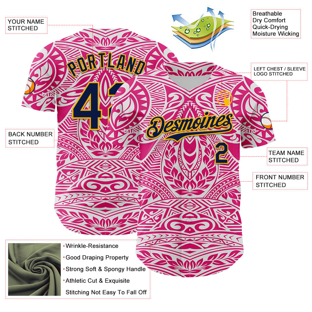 Custom Hot Pink Navy-Gold 3D Pattern Design Burner Costumes Ethnic Floral Authentic Baseball Jersey view 3