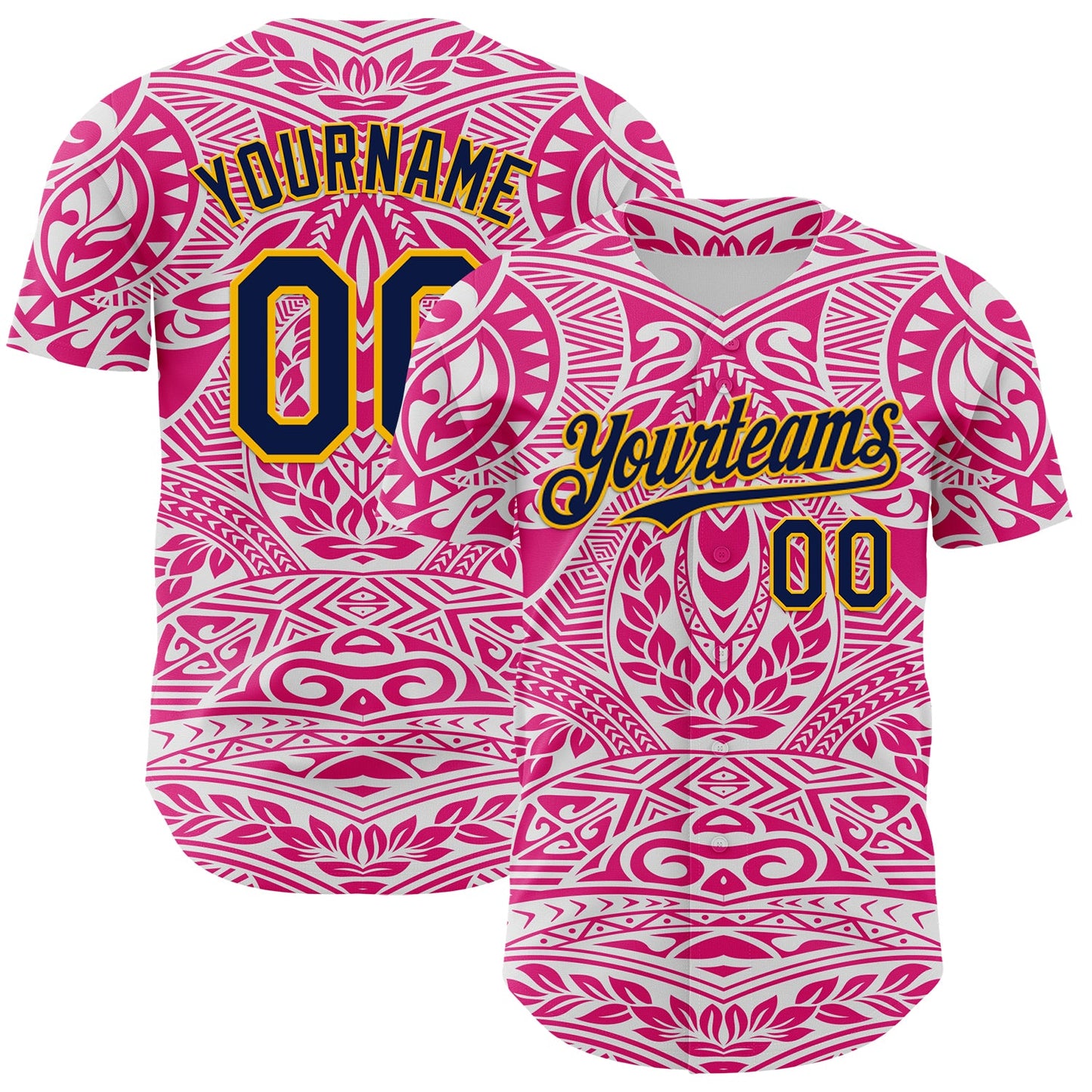 Custom Hot Pink Navy-Gold 3D Pattern Design Burner Costumes Ethnic Floral Authentic Baseball Jersey - Main View